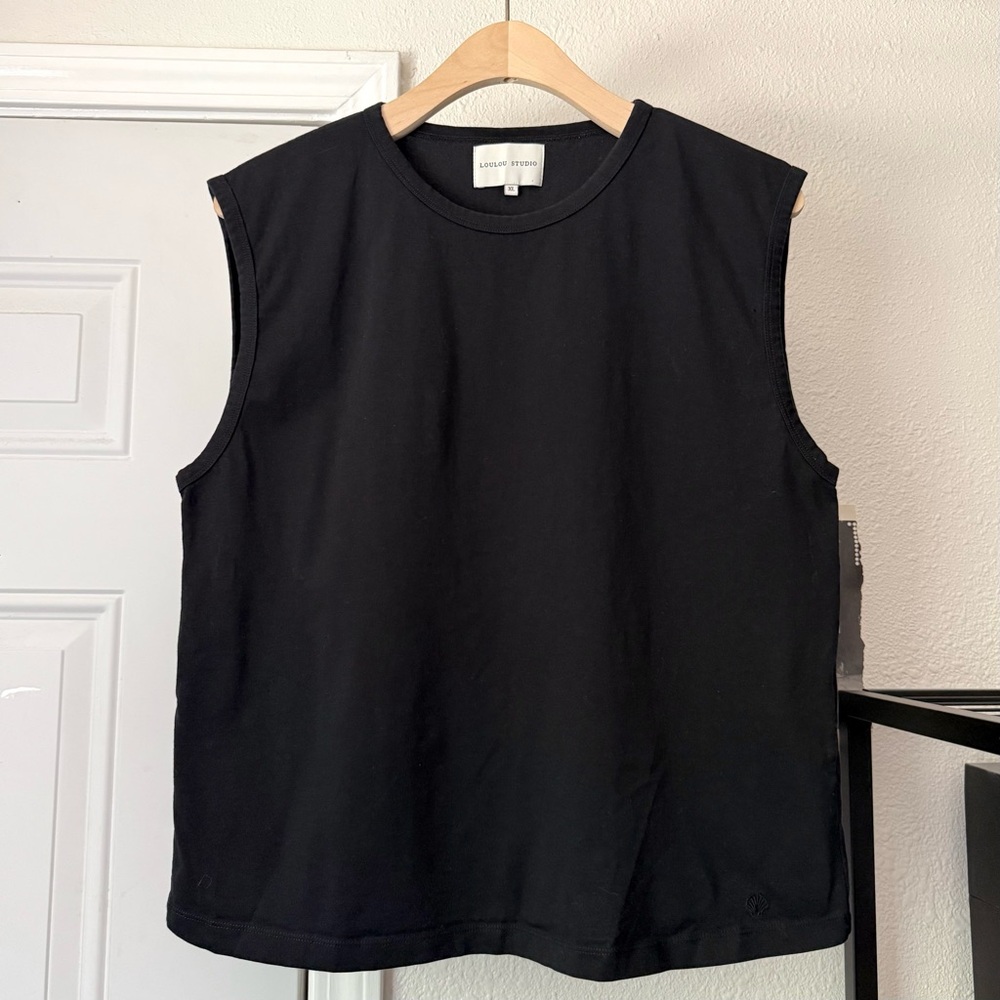 LOULOU STUDIO black pima cotton knit crew neck sleeveless boxy cropped tank tee